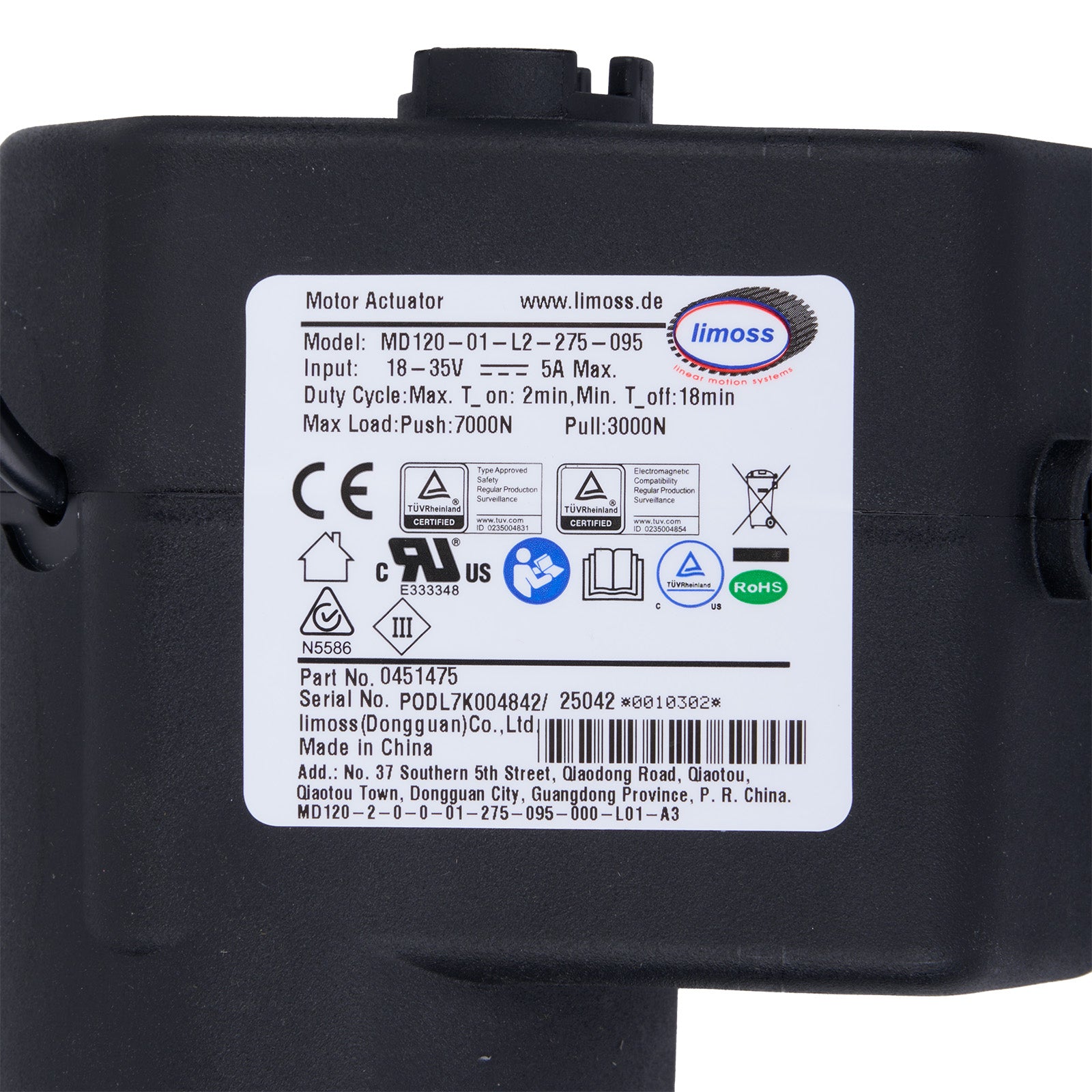 Black motor actuator with limoss label on a white background