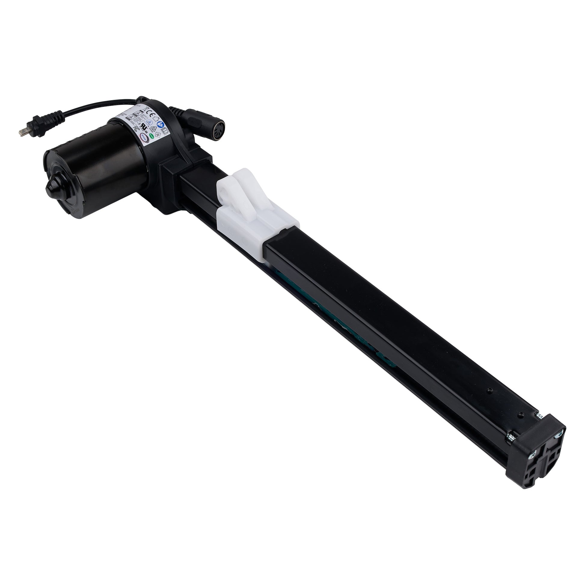 Black linear actuator on a white background
