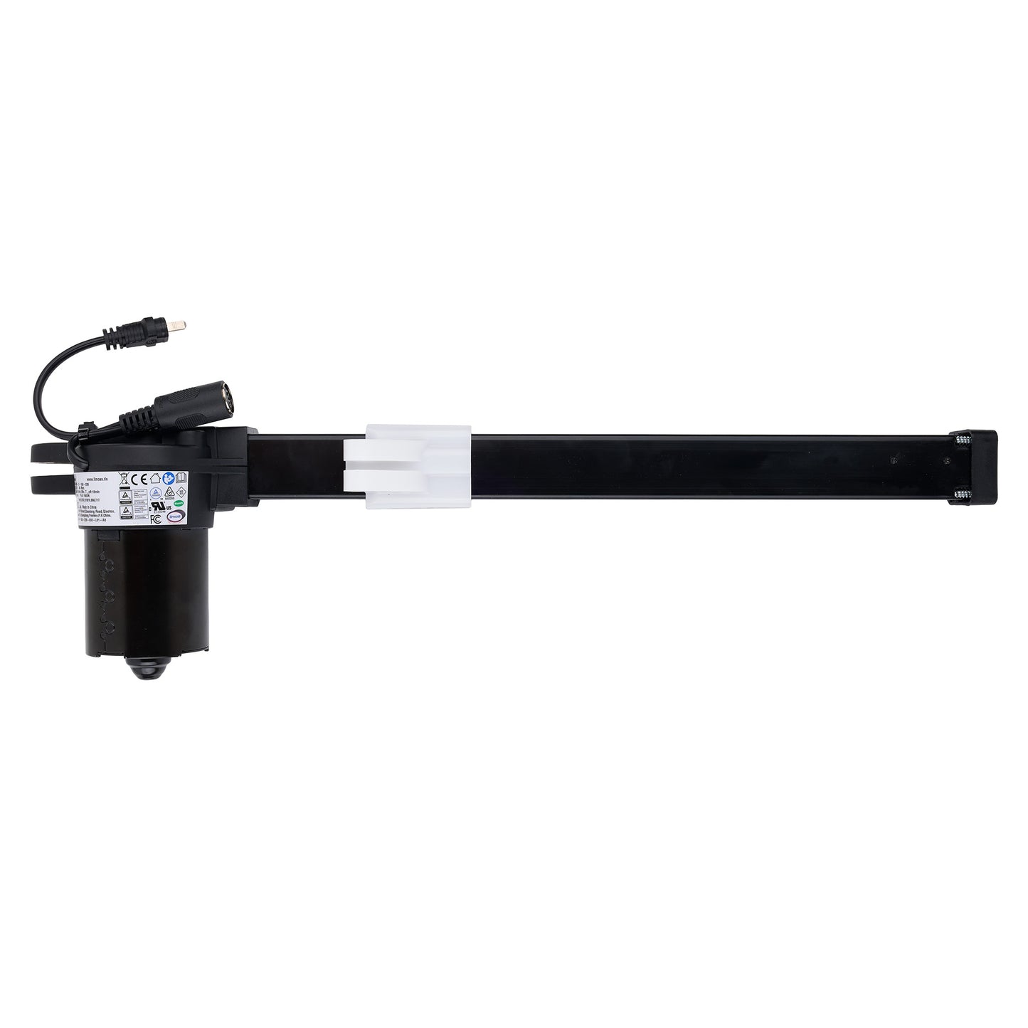 Black and transparent cylindrical device with a power cord on a white background