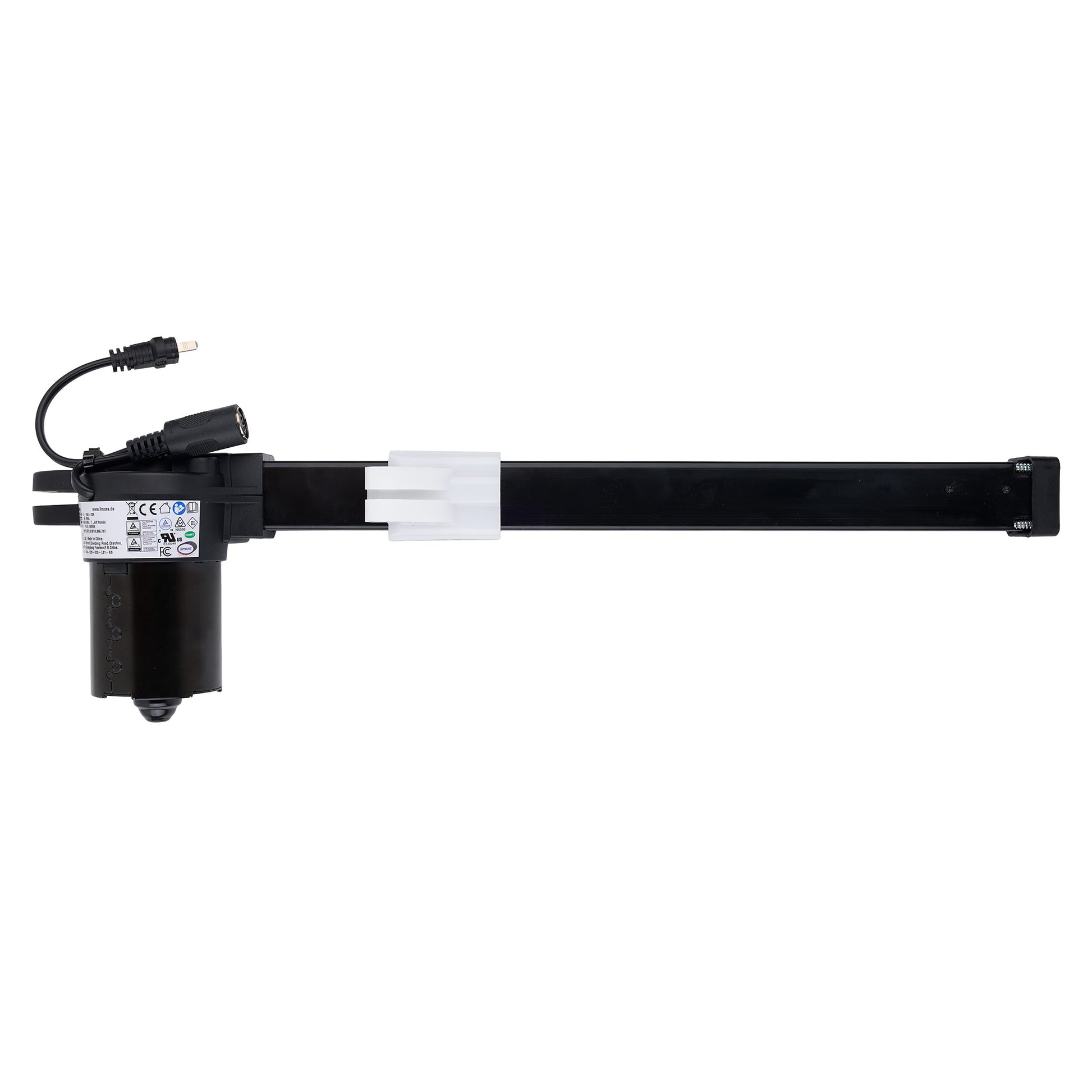 Black and transparent cylindrical device with a power cord on a white background