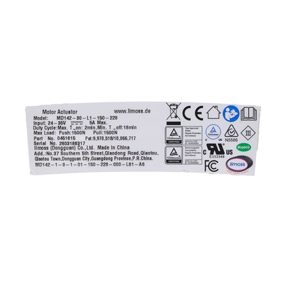 Technical label on a white background with various symbols and text.