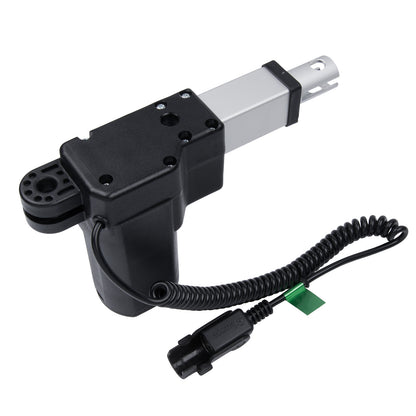 Electric actuator with black housing and coiled cable on a white background