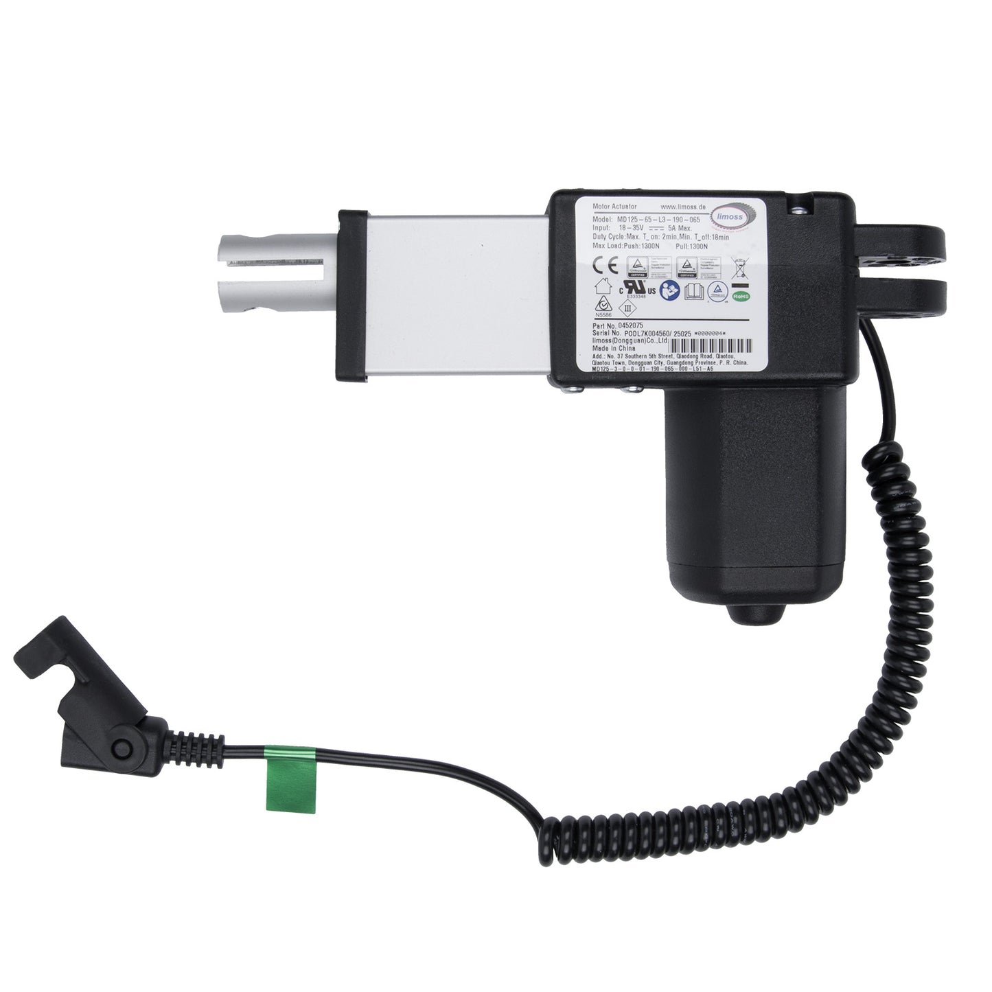 Black and silver electronic device with coiled cable on a white background