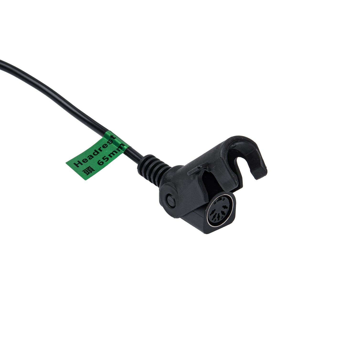 Black audio cable with a connector on a white background