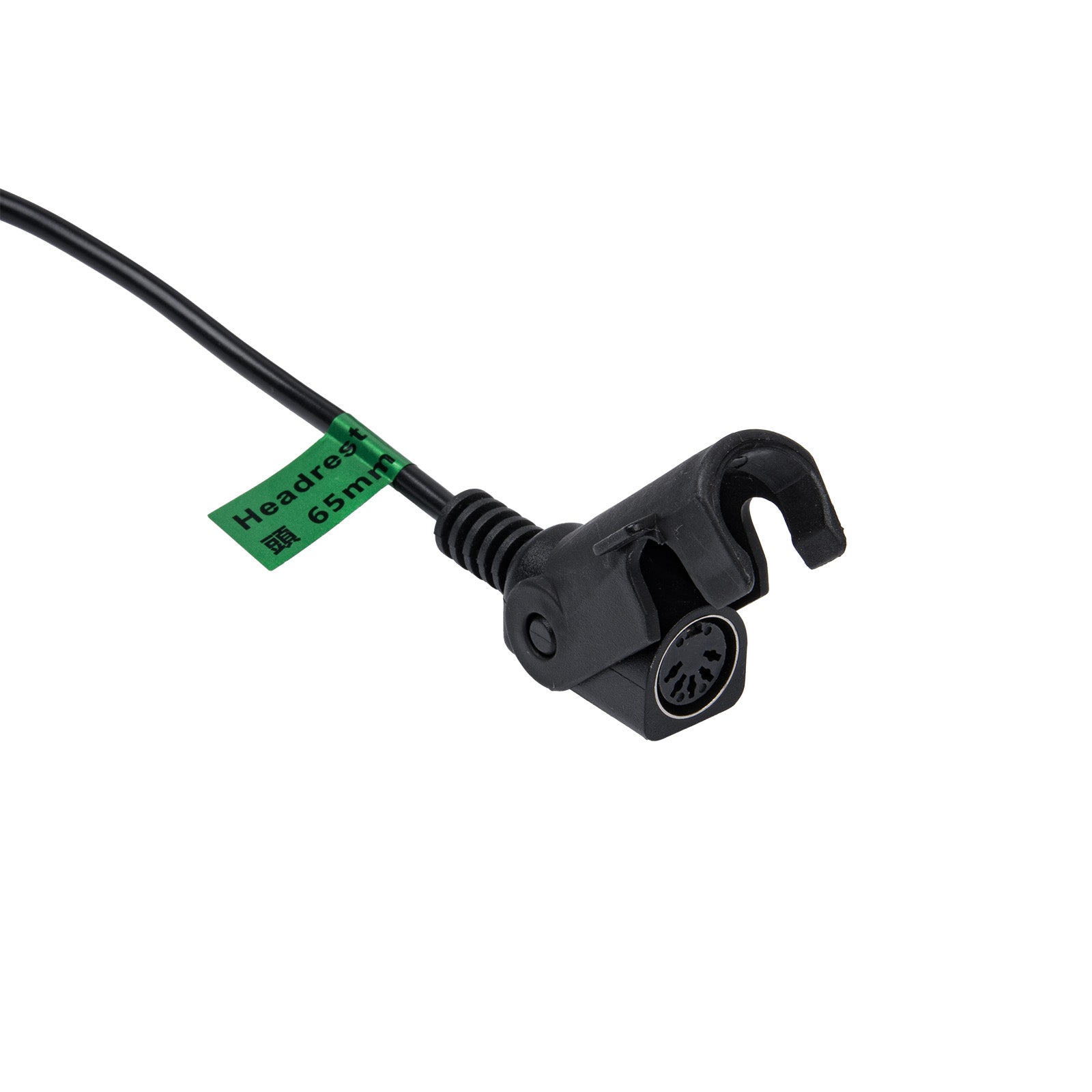 Black audio cable with a connector on a white background