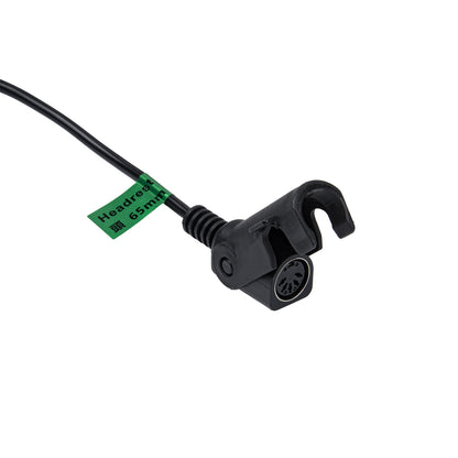 Black audio cable with a connector on a white background