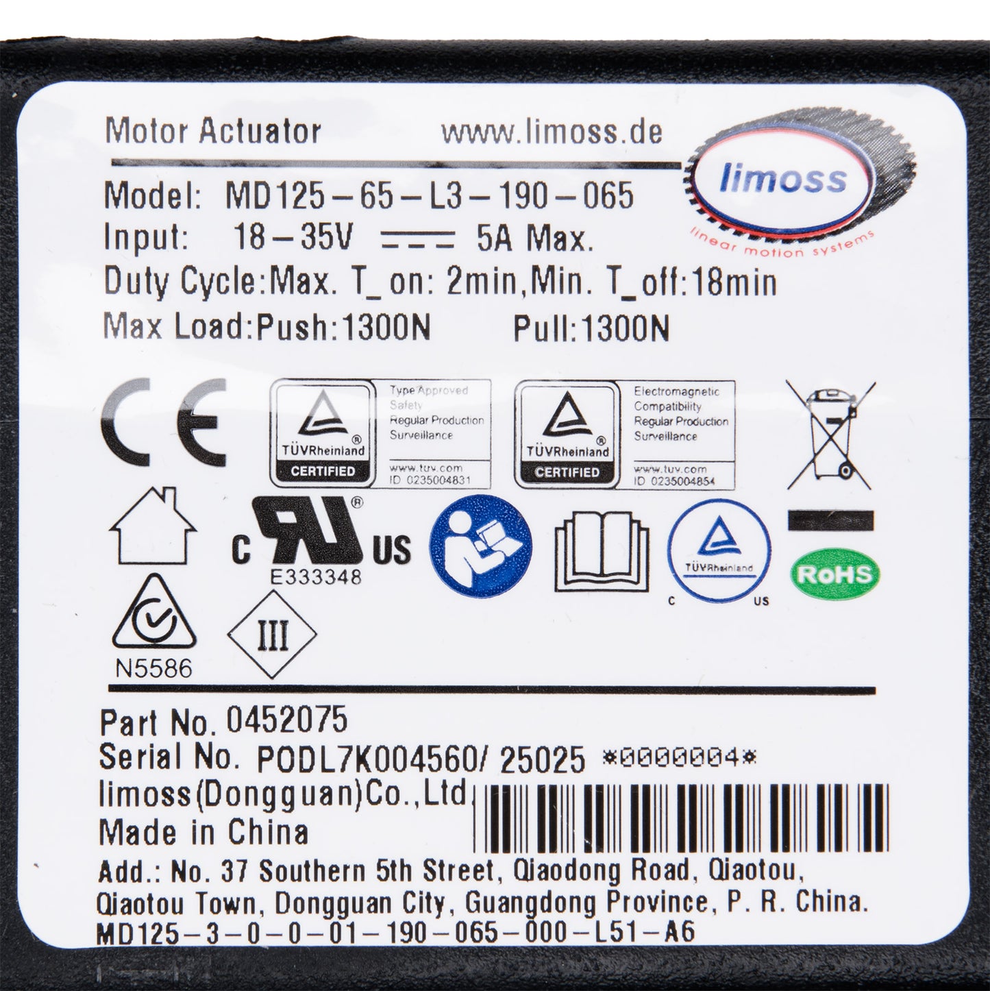 Label on a motor actuator with various certification logos and product details.