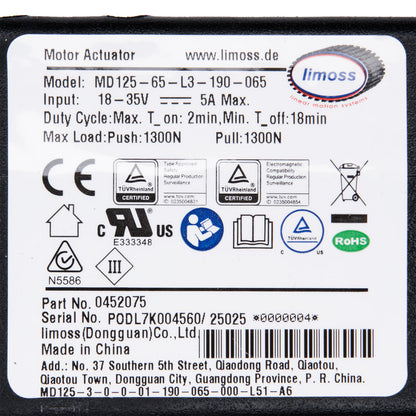 Label on a motor actuator with various certification logos and product details.