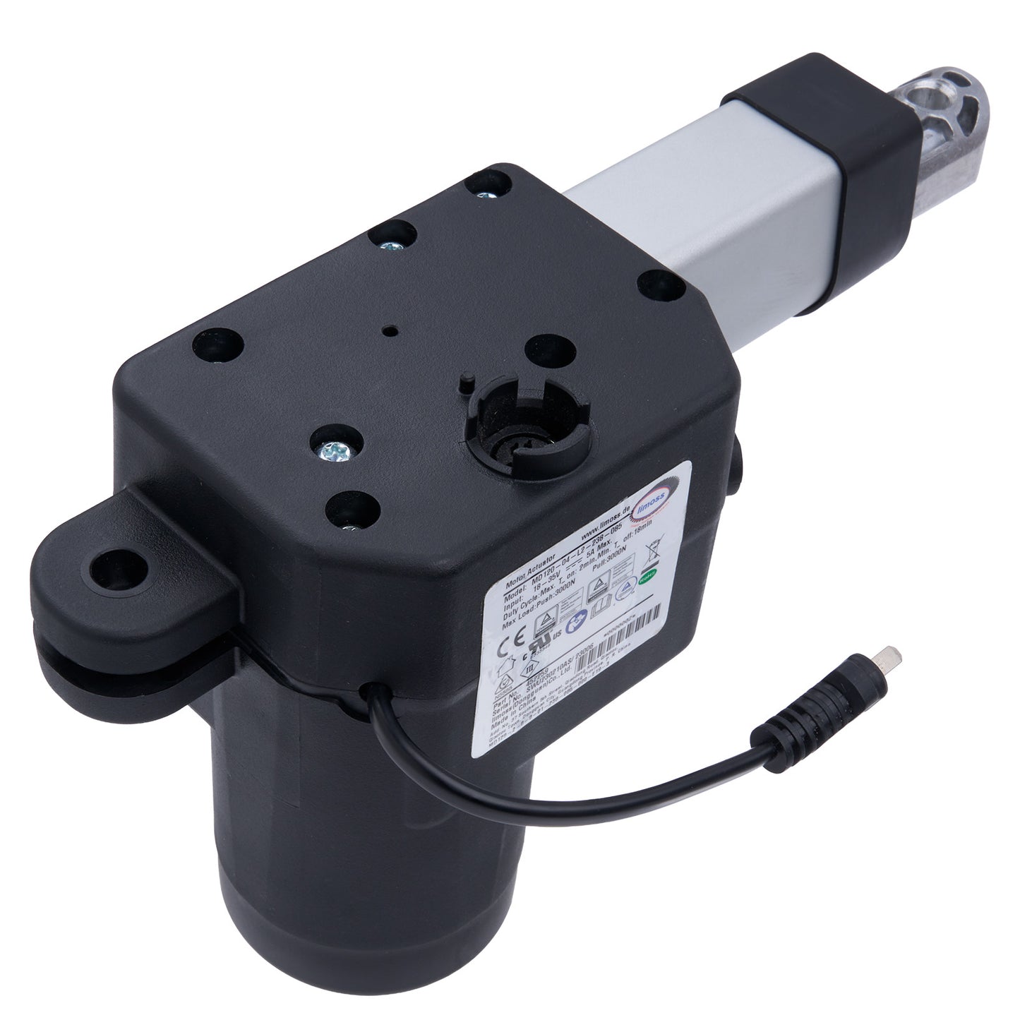 Mechanical component with black housing and white actuator on a white background