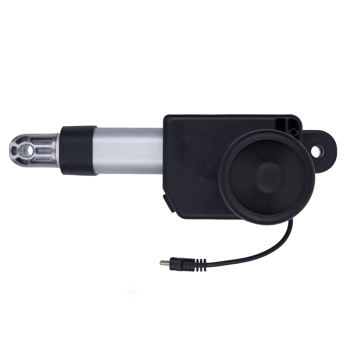 Motorized actuator with black and silver design on a white background