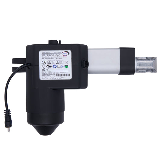 Black mechanical component with a label on a white background