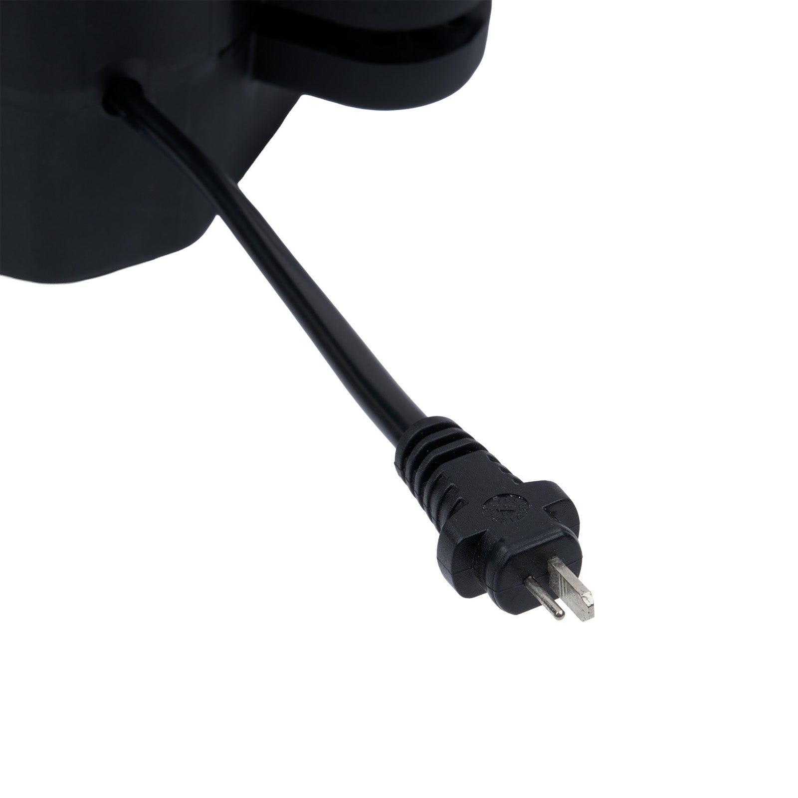 Black power cord with plug on a white background