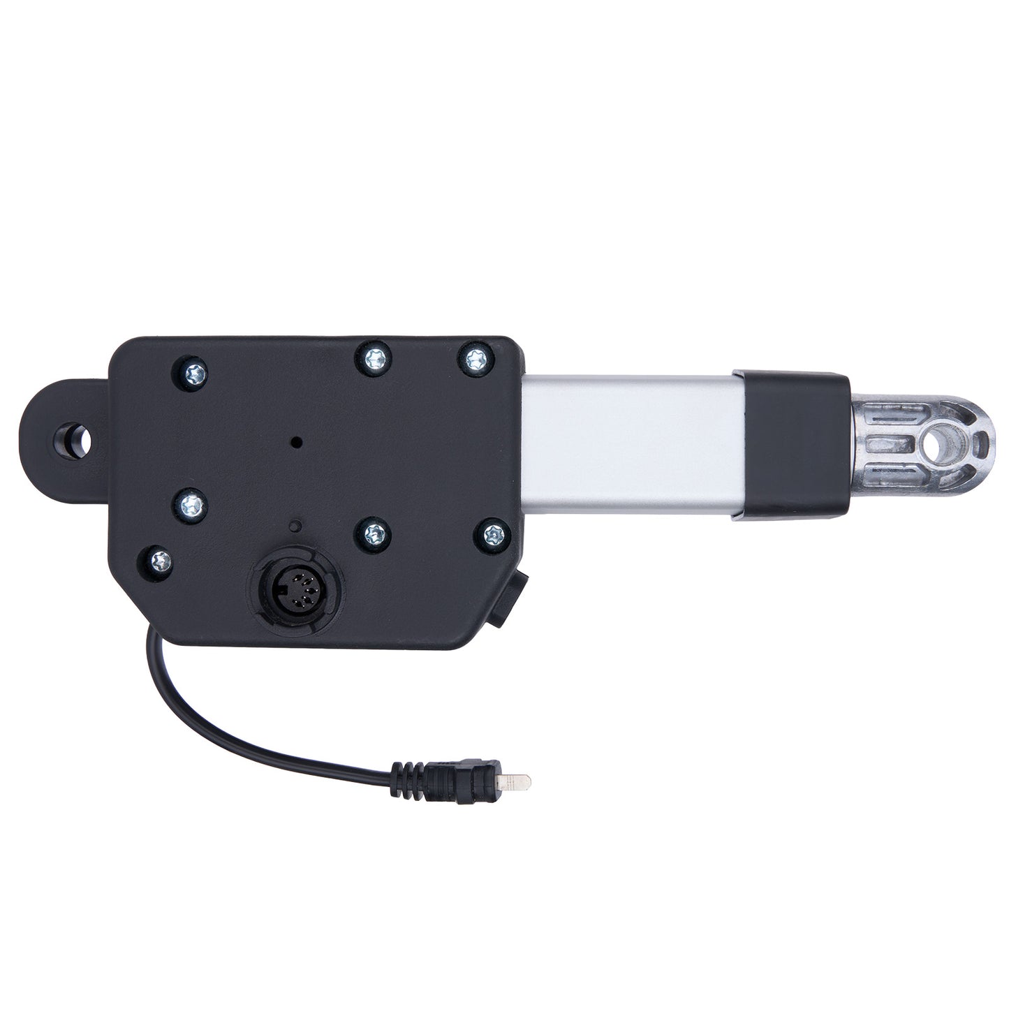 Mechanical actuator with a black housing and white shaft on a white background