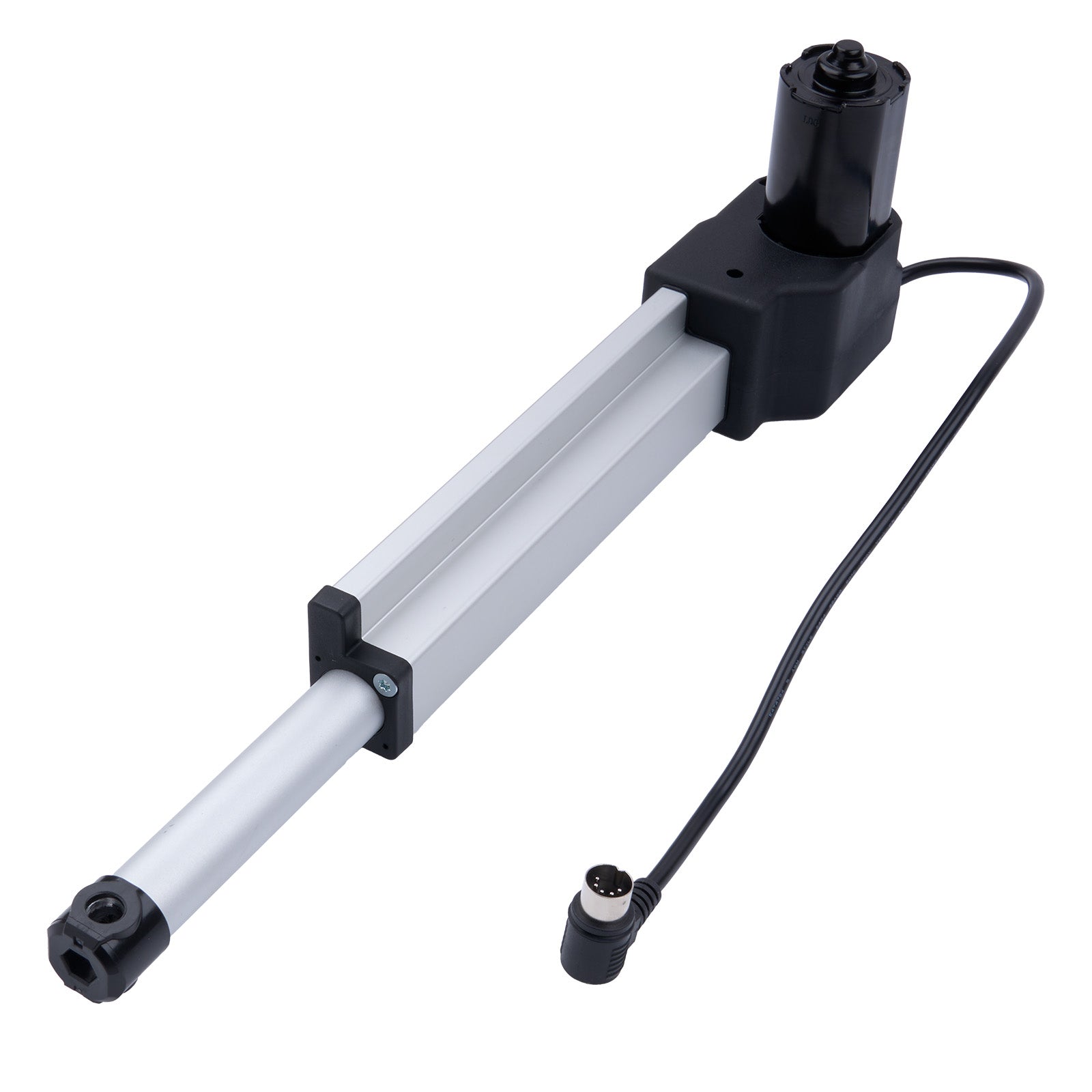 Mechanical arm with a black actuator on a white background