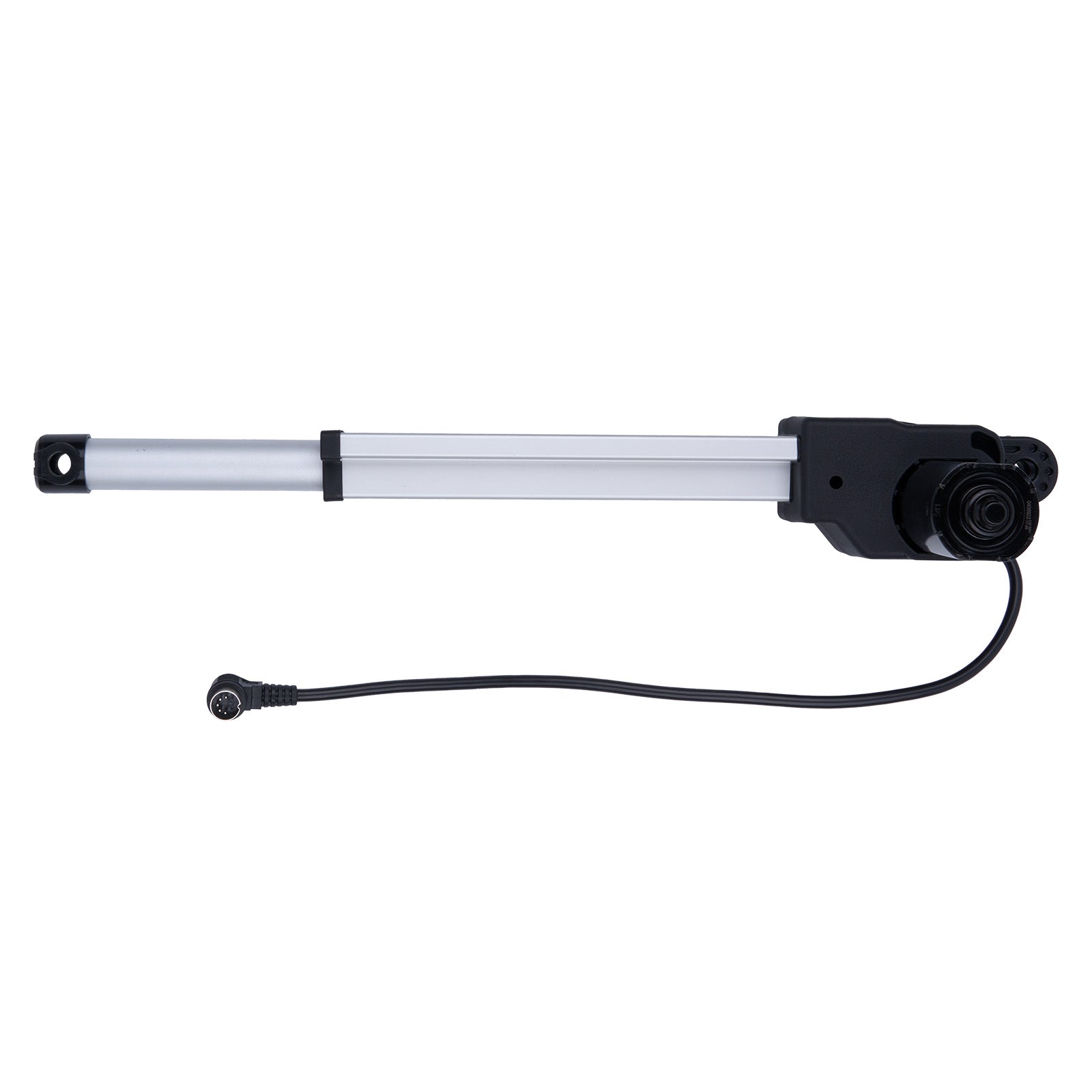 Linear actuator with black and silver design on a white background
