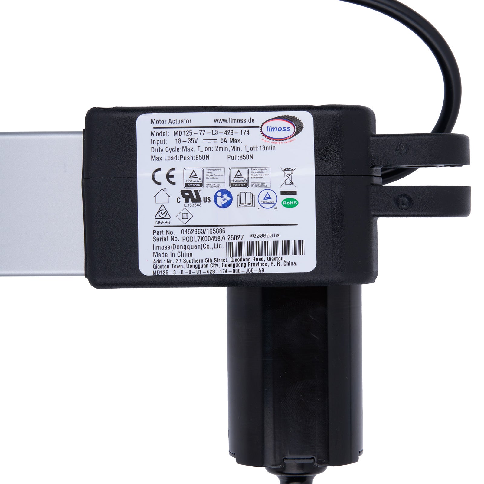 Black motor actuator with label on a white background