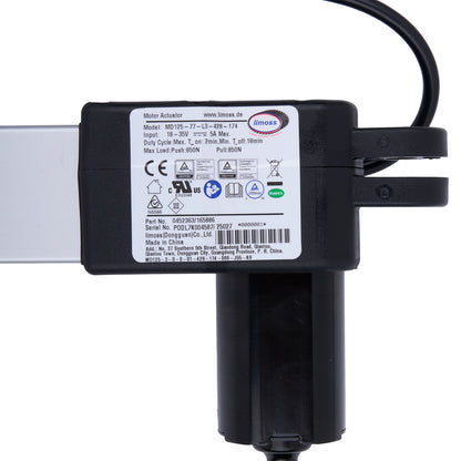 Black motor actuator with label on a white background