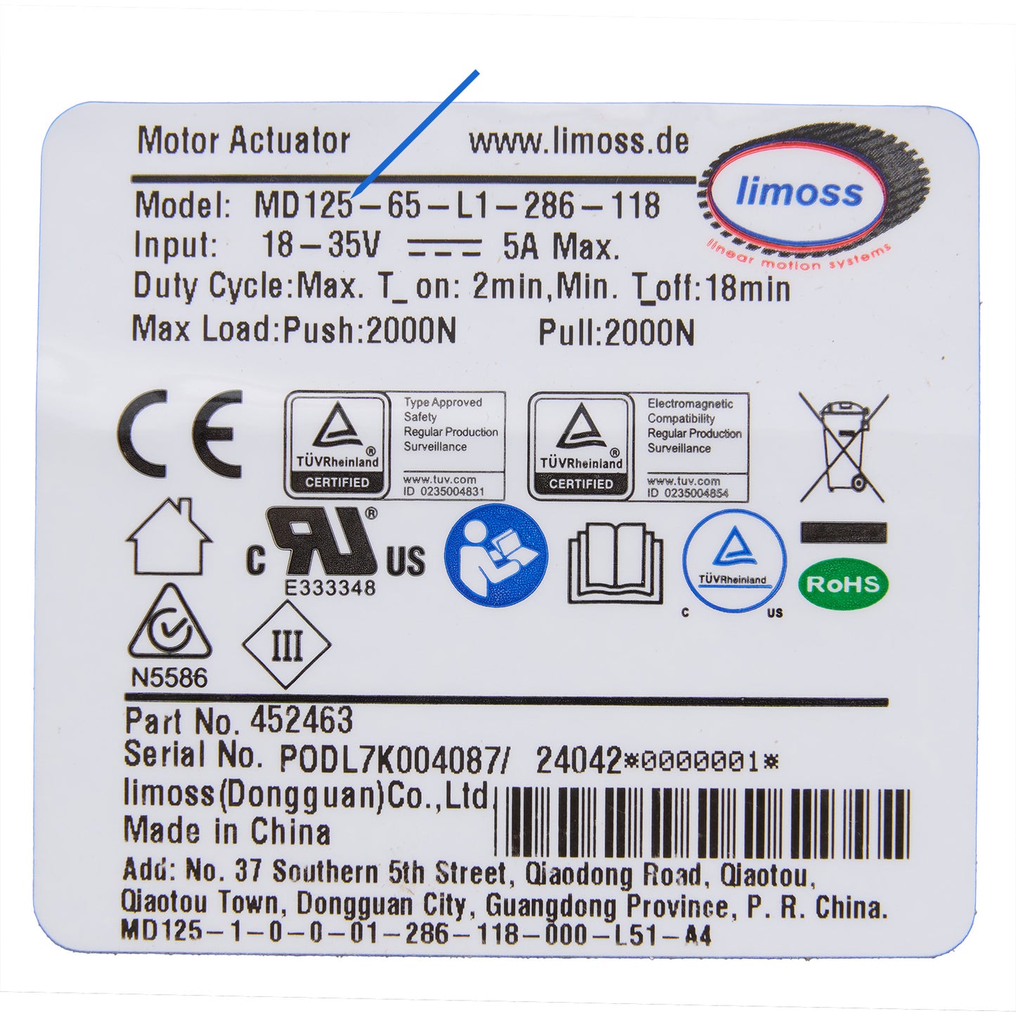 Limoss 452463 Linear Actuator MD125-65-L1-286-118