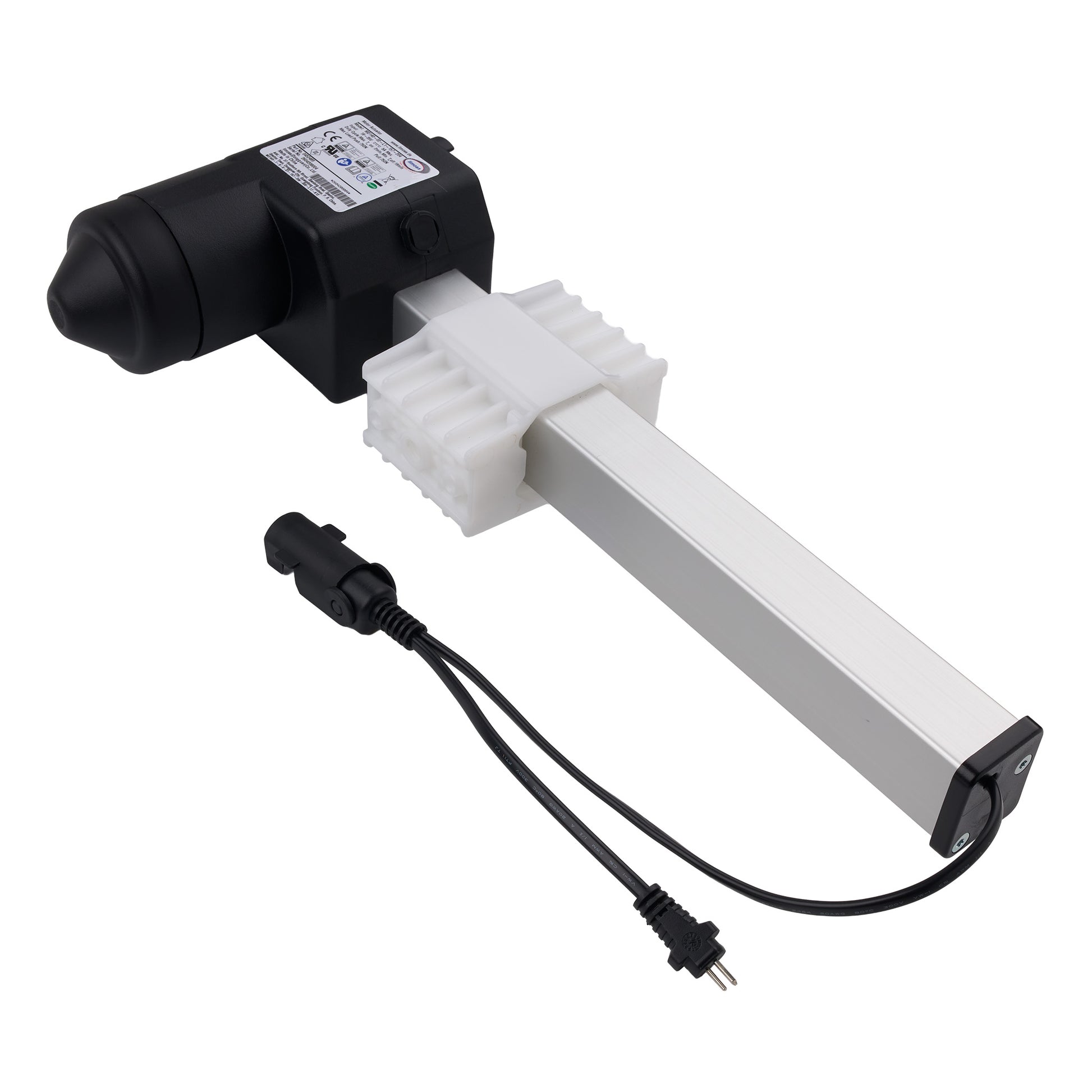 A linear electric actuator motor with a black motor housing, white plastic mounting bracket, and a long silver aluminum rod, shown with its attached black power cable on a white background.