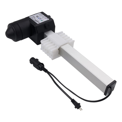 A linear electric actuator motor with a black motor housing, white plastic mounting bracket, and a long silver aluminum rod, shown with its attached black power cable on a white background.