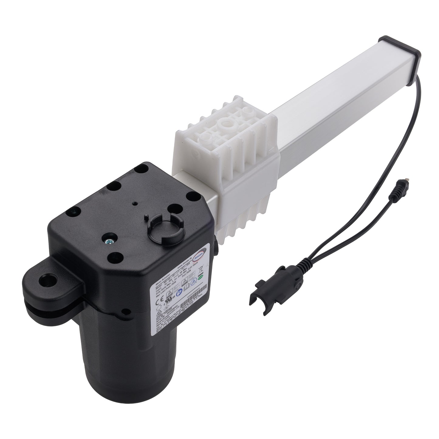 A black and white linear electric motorized window or door lift mechanism with an attached power cable, shown on a solid white background.