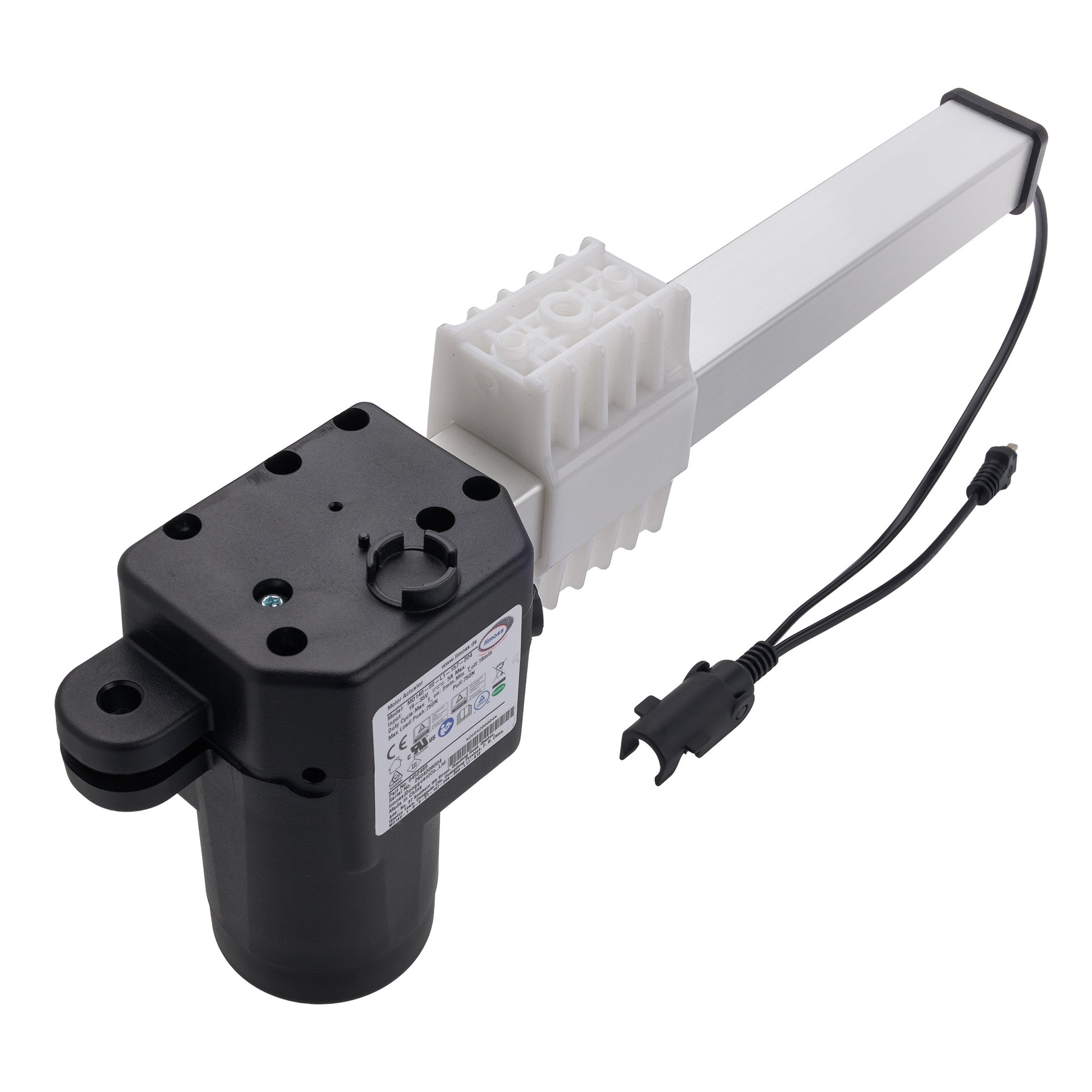 A black and white linear electric motorized window or door lift mechanism with an attached power cable, shown on a solid white background.