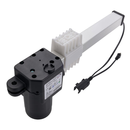 A black and white linear electric motorized window or door lift mechanism with an attached power cable, shown on a solid white background.
