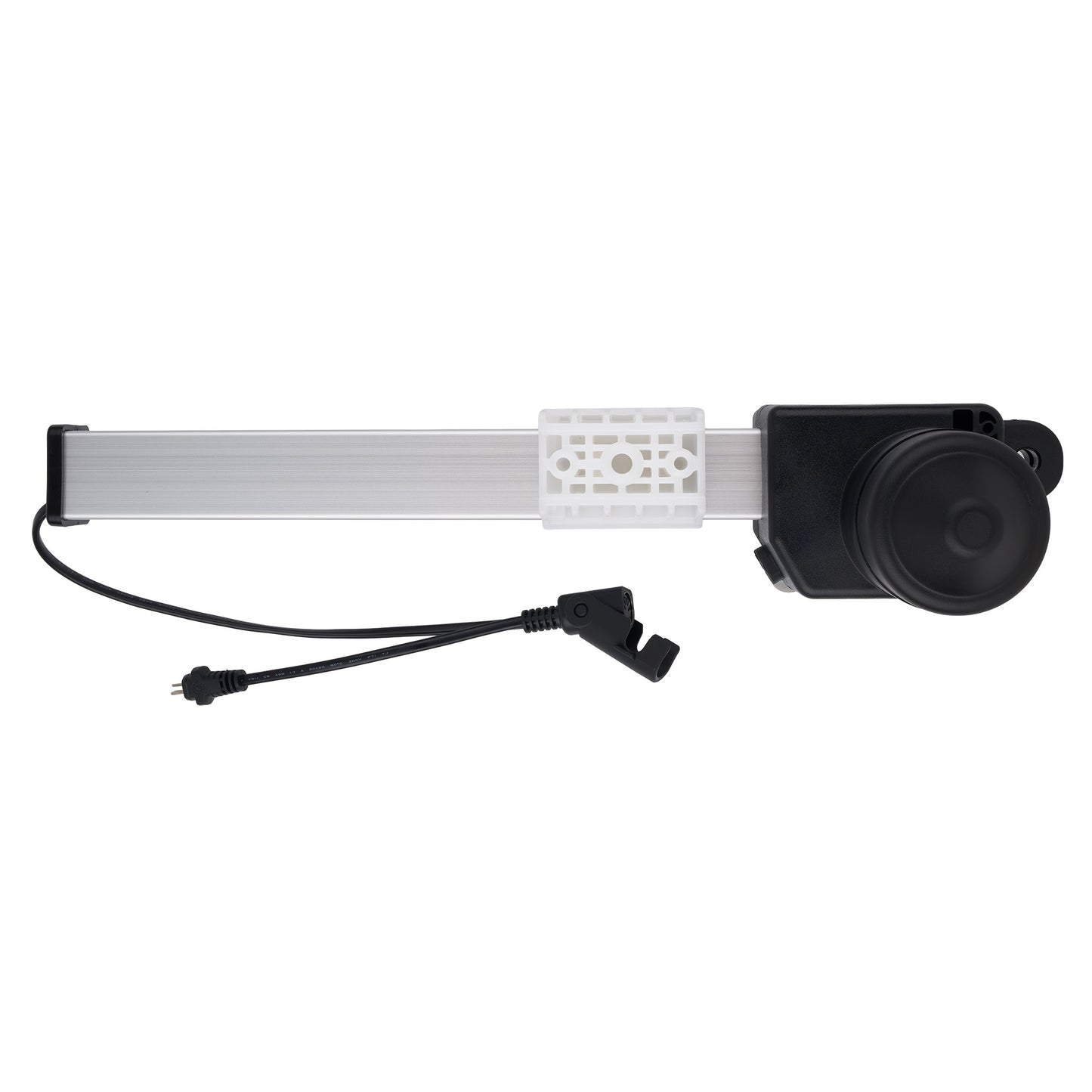 A linear electric window blind or roller shade assembly with a black motor housing, a long silver roller bar, a white plastic mounting bracket, and a black power cord, shown against a plain white background.