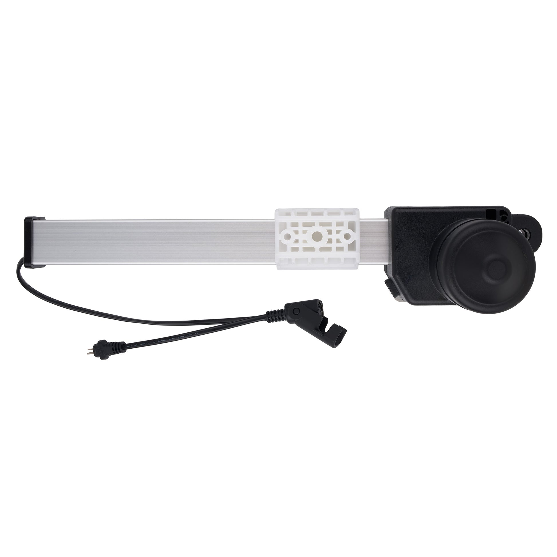 A linear electric window blind or roller shade assembly with a black motor housing, a long silver roller bar, a white plastic mounting bracket, and a black power cord, shown against a plain white background.