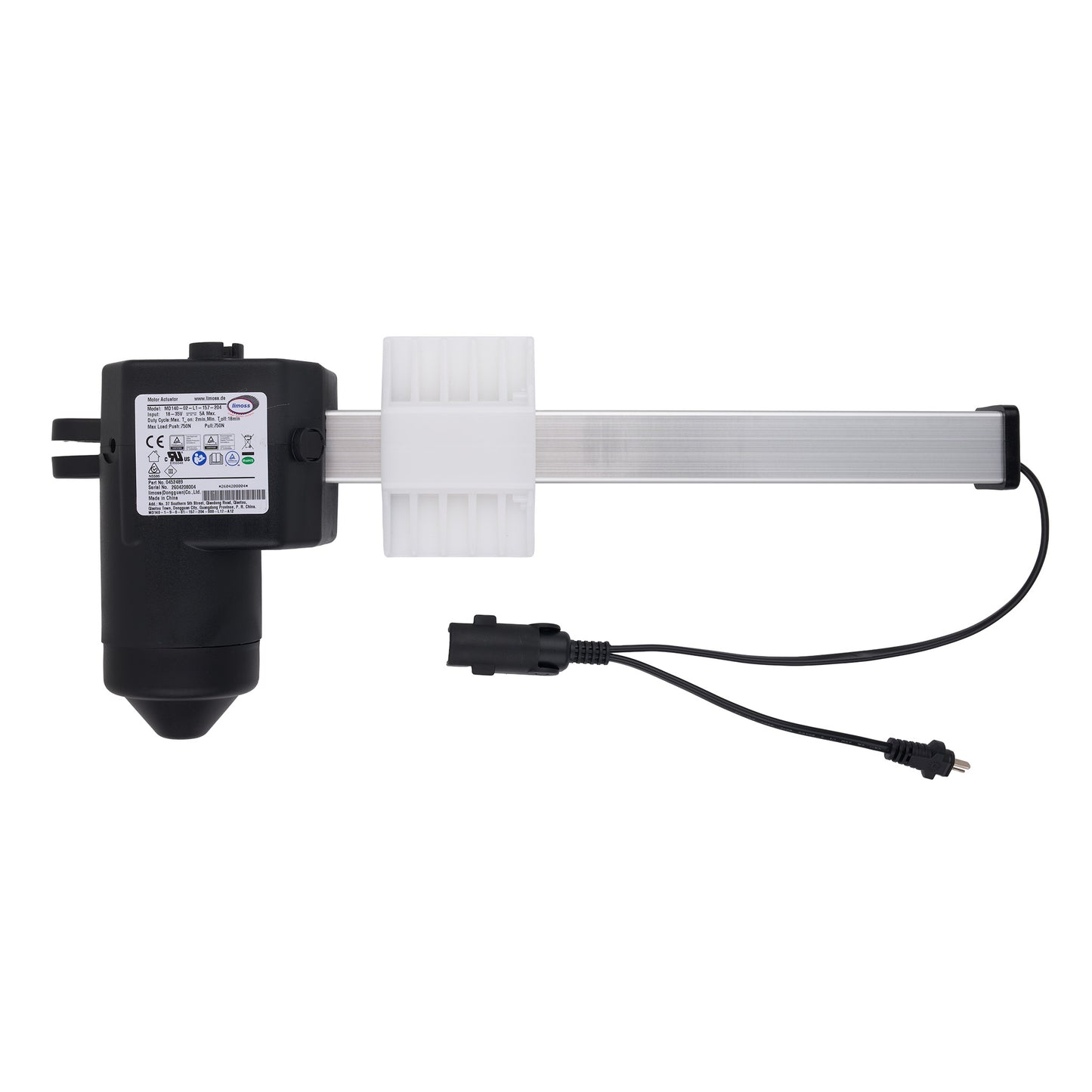 A linear electric door opener motor and rail assembly, featuring a black motor unit with a white label, a long silver rail, a white plastic bracket, and a black power cable with an connector, shown on a plain white background.