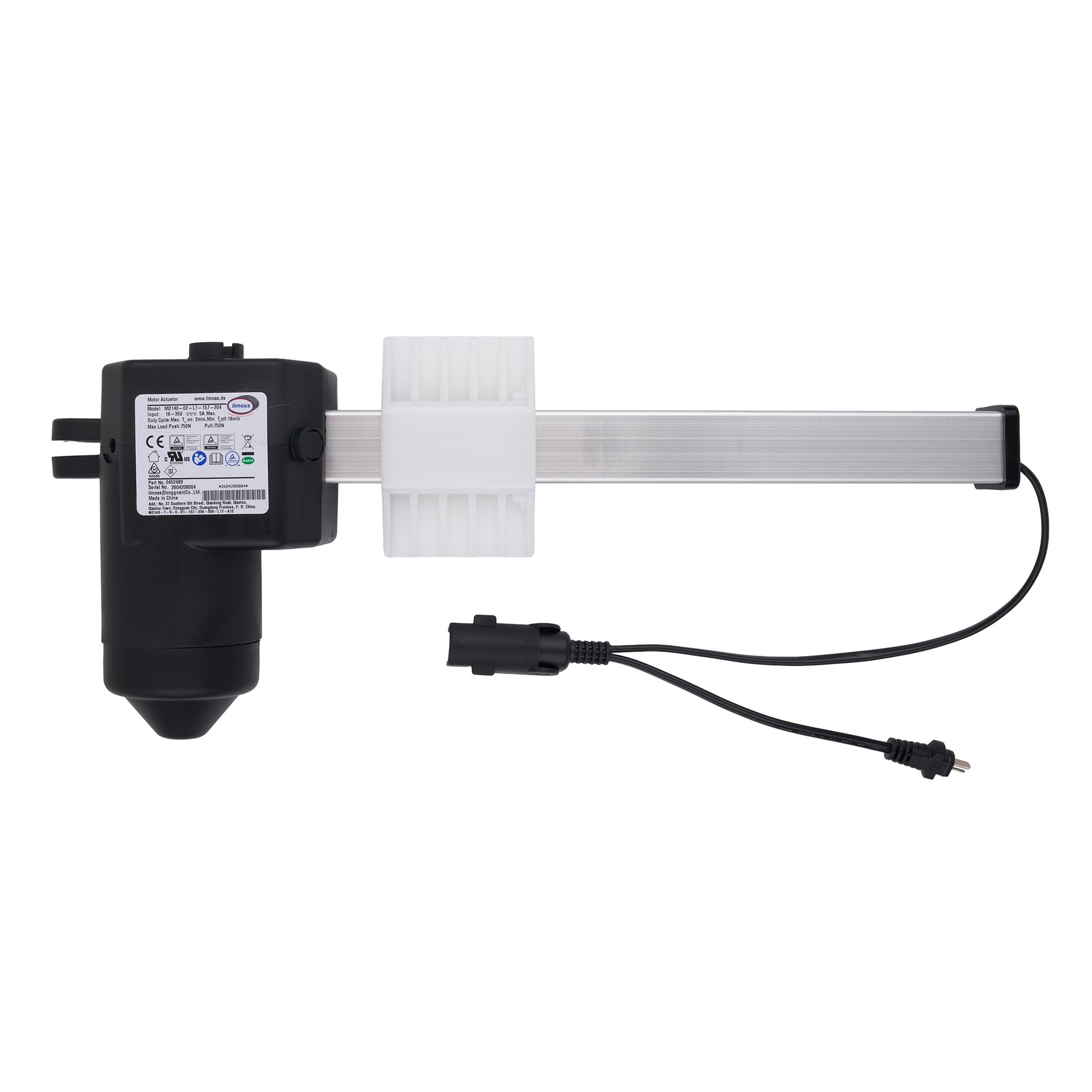 A linear electric door opener motor and rail assembly, featuring a black motor unit with a white label, a long silver rail, a white plastic bracket, and a black power cable with an connector, shown on a plain white background.