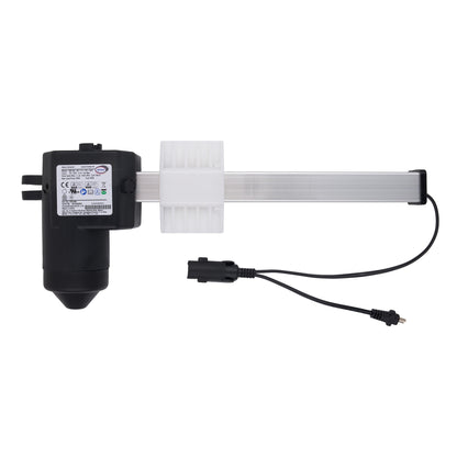A linear electric door opener motor and rail assembly, featuring a black motor unit with a white label, a long silver rail, a white plastic bracket, and a black power cable with an connector, shown on a plain white background.