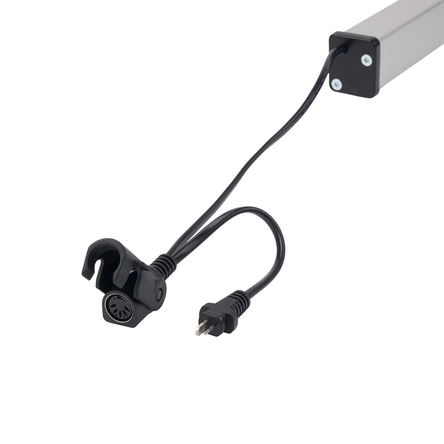 A black power adapter cable with a multi-pin circular connector and a standard two-pin plug, attached to a silver rectangular device on a plain white background.