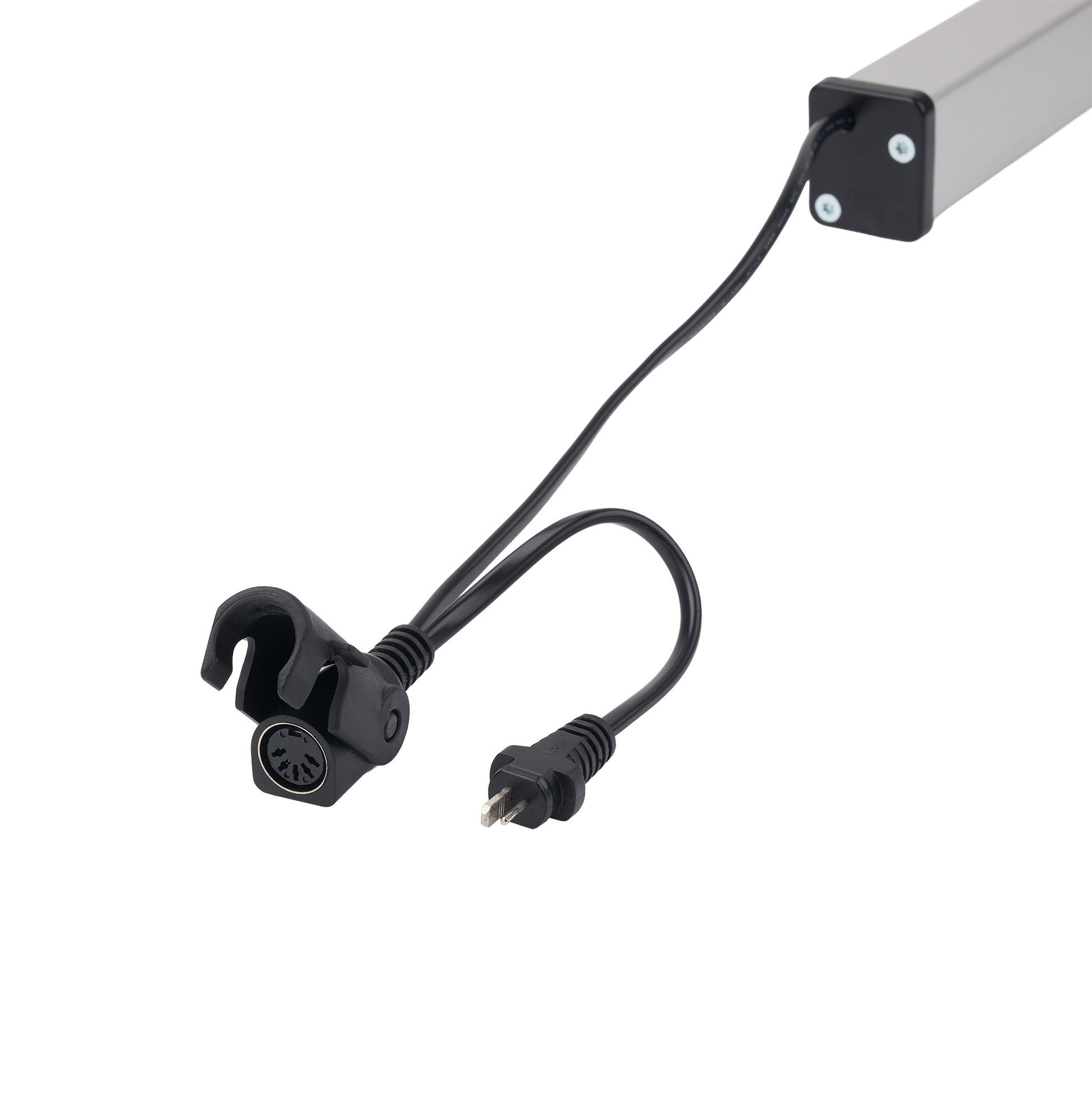 A black power adapter cable with a multi-pin circular connector and a standard two-pin plug, attached to a silver rectangular device on a plain white background.