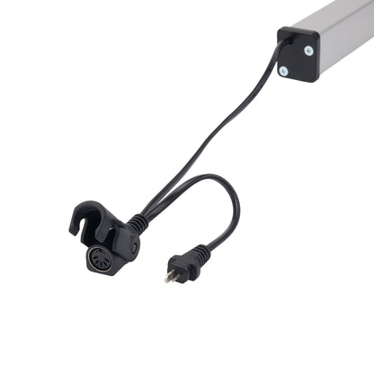 A black power adapter cable with a multi-pin circular connector and a standard two-pin plug, attached to a silver rectangular device on a plain white background.