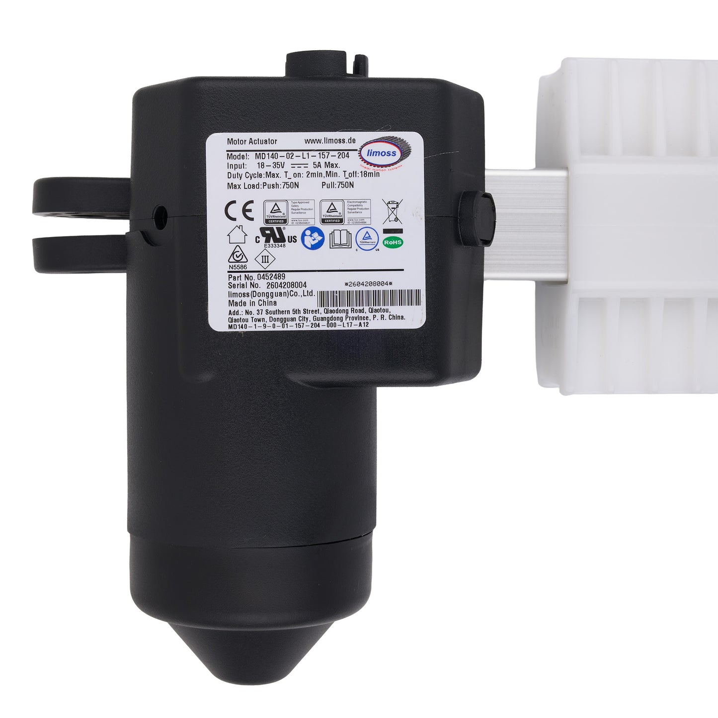 A black motor controller with a white plastic mounting bracket, shown from the side against a white background. The controller features a white label with technical specifications and a circular Motors logo.