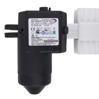 A black motor controller with a white plastic mounting bracket, shown from the side against a white background. The controller features a white label with technical specifications and a circular Motors logo.