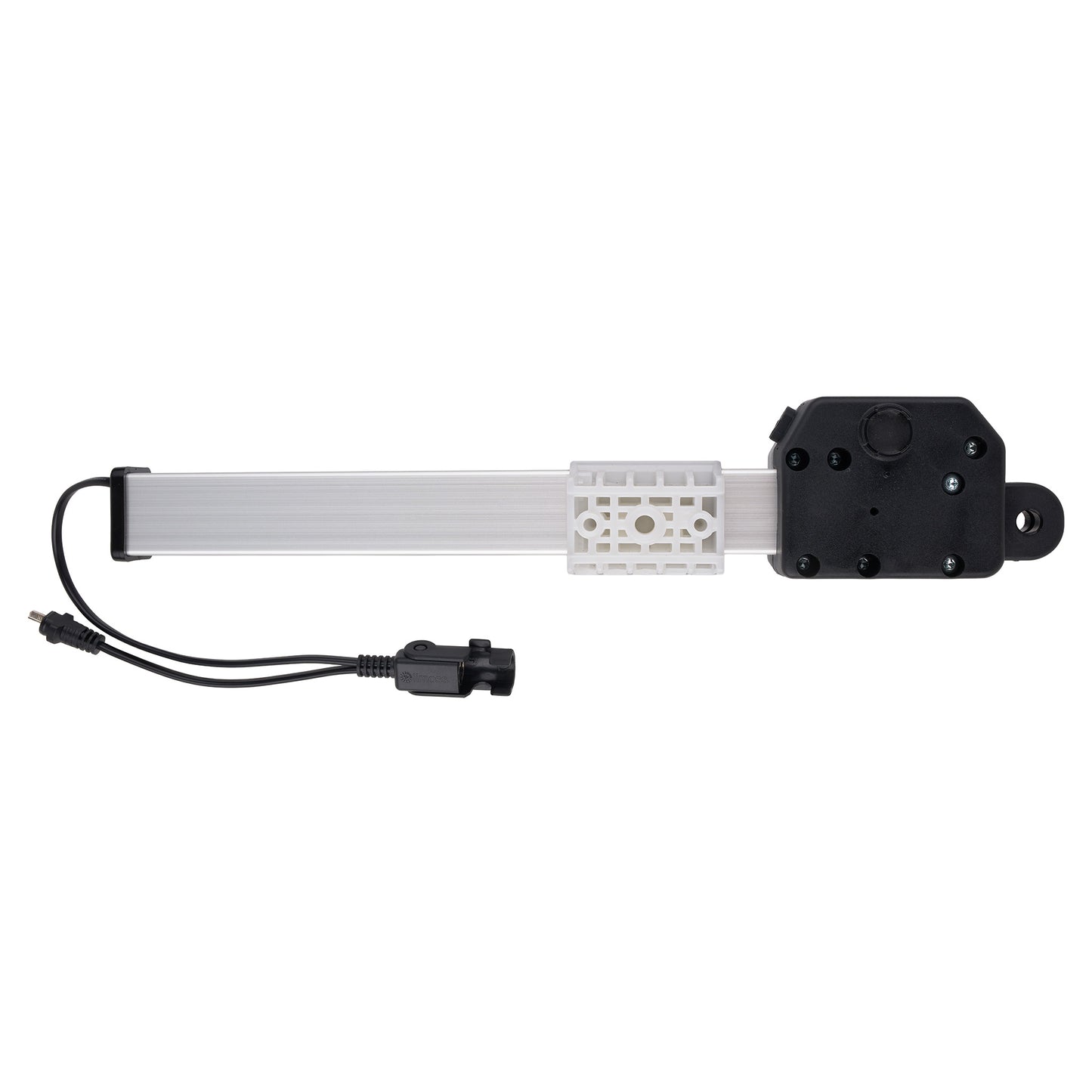 A linear electric door opener motor with a long white actuator bar, a black motor housing, and attached power cables, shown against a plain white background.
