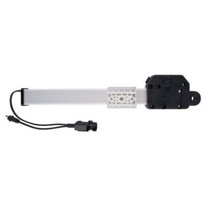 A linear electric door opener motor with a long white actuator bar, a black motor housing, and attached power cables, shown against a plain white background.