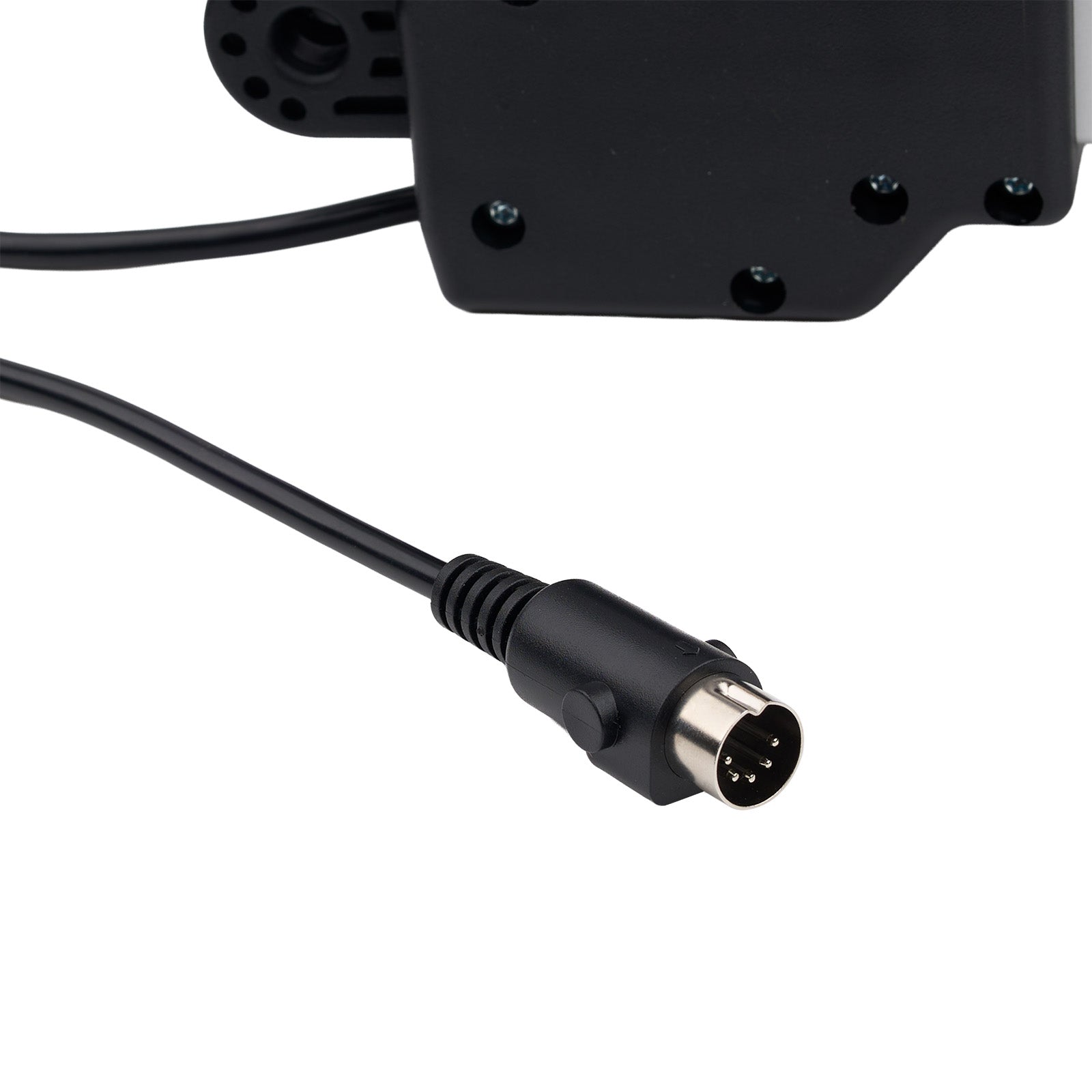 Black cable connector on a white background