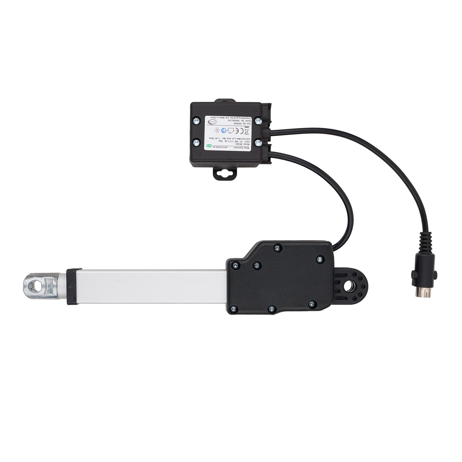 Automotive actuator with wiring on a white background