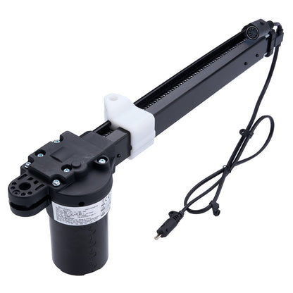 Black linear actuator with cable on a white background