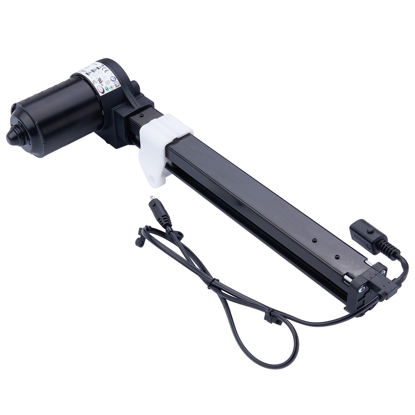 Black mechanical arm with attached components on a white background