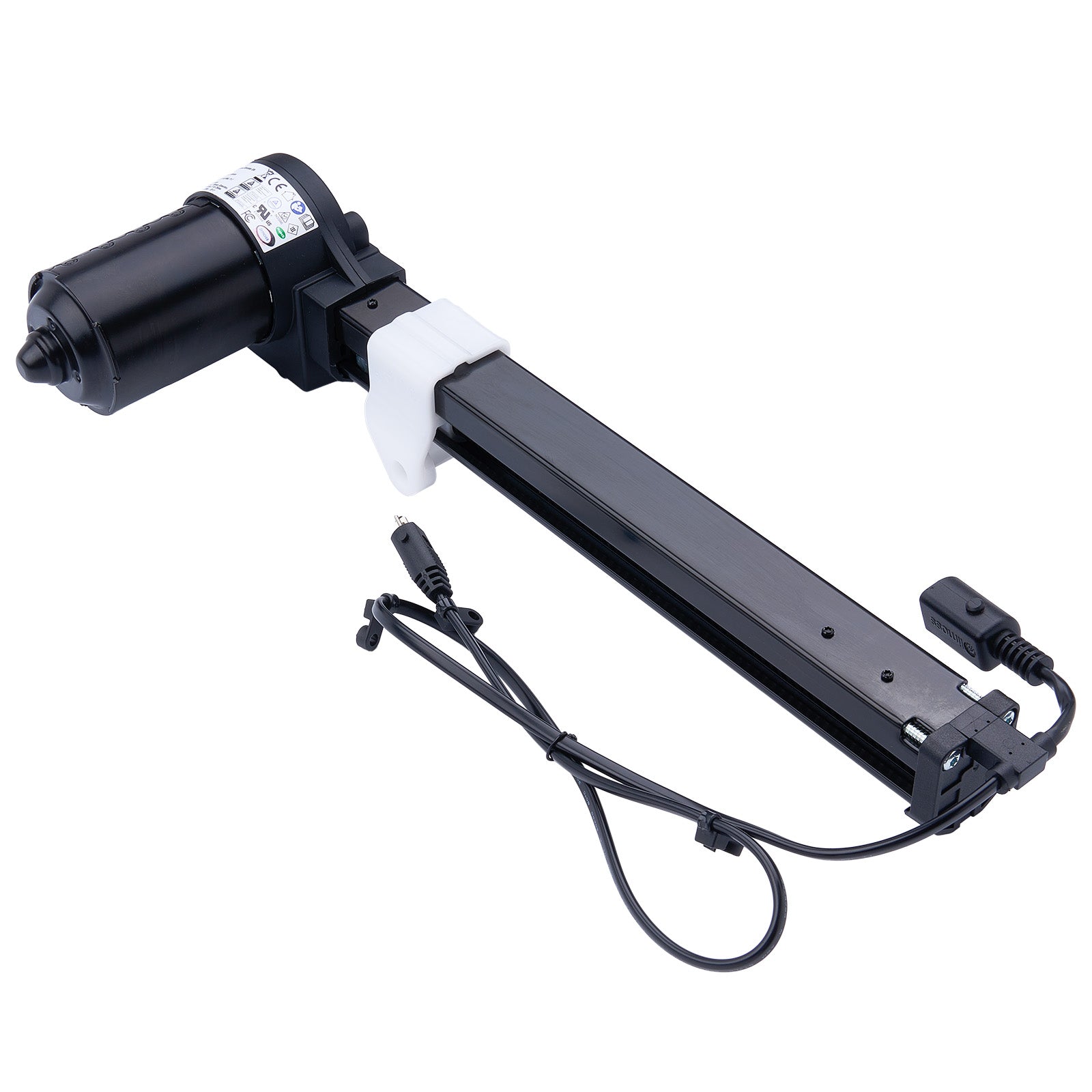 Black mechanical arm with attached components on a white background