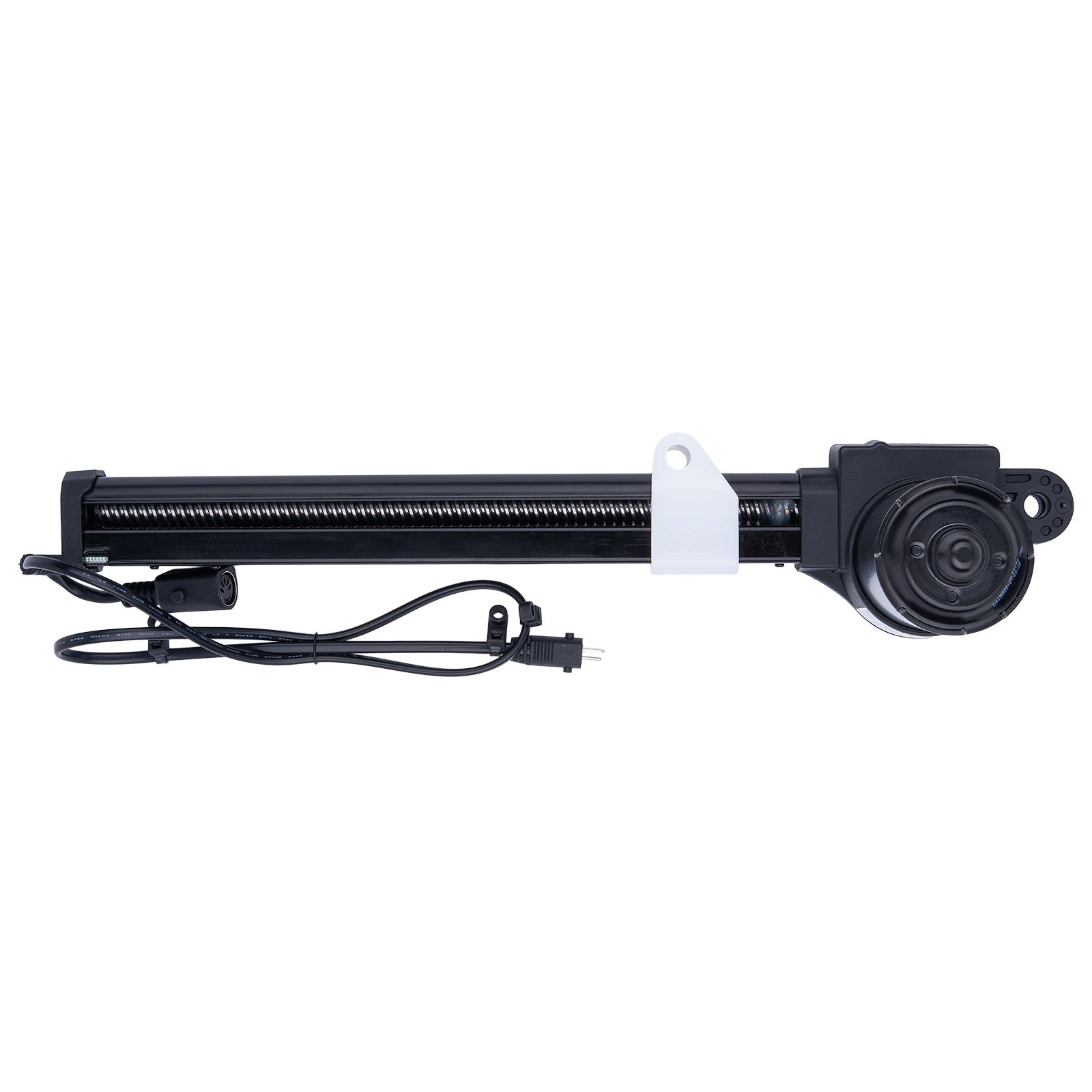 Black linear actuator on a white background
