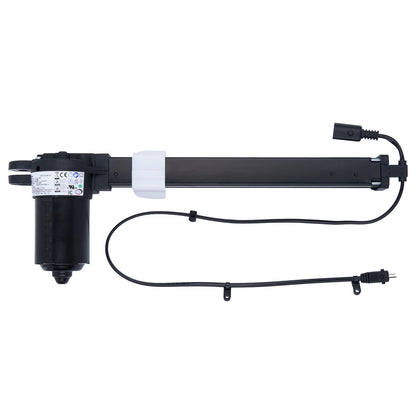 Black linear actuator with wiring on a white background