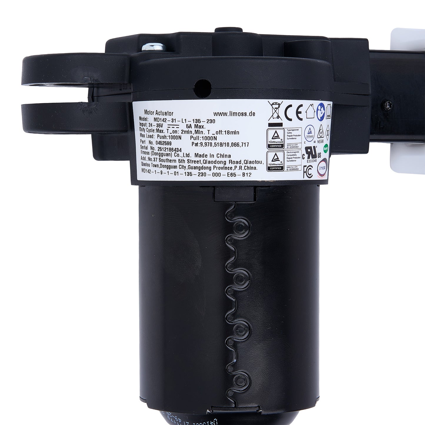 Black motor actuator with certification labels on a white background