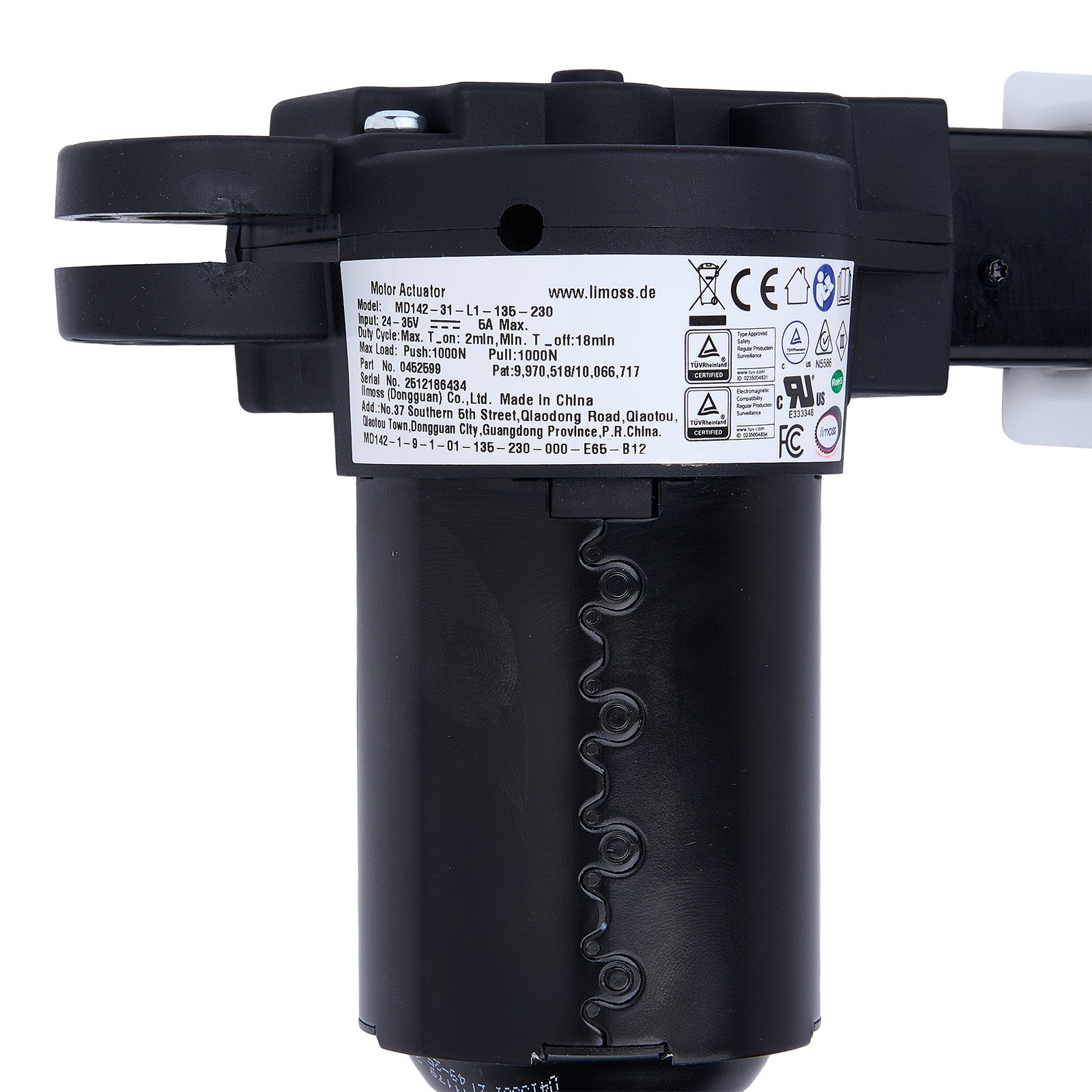 Black motor actuator with certification labels on a white background