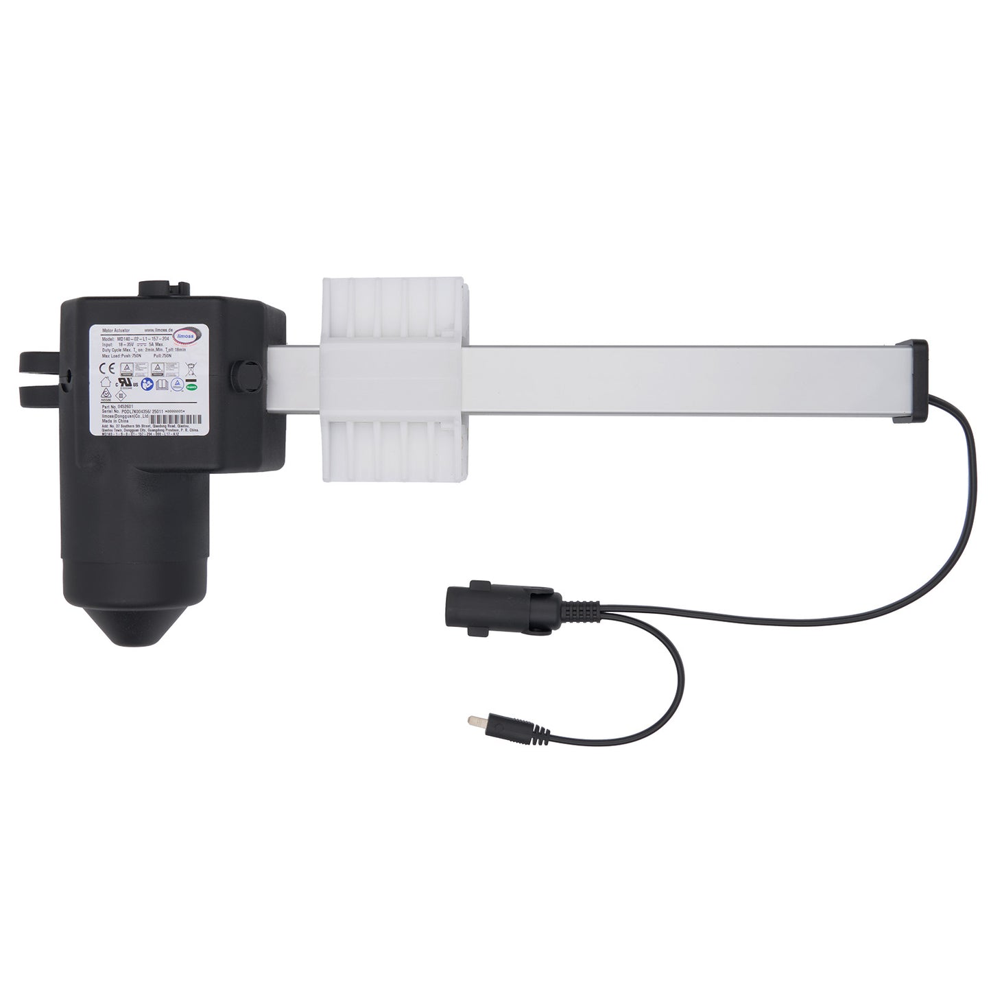 Mechanical device with a black cylindrical component and white rectangular arm on a white background