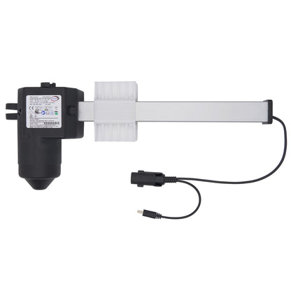 Mechanical device with a black cylindrical component and white rectangular arm on a white background